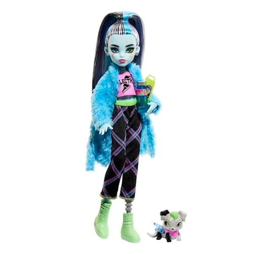Image of Monster High Doll and Sleepover Accessories, Frankie Stein Doll with Pet Dog Watzie, Creepover Party, HKY68