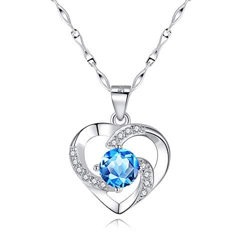 Image of wynn's Silver Necklace for Women, 925 Sterling Silver Heart Necklace, 45cm Love Heart Necklace Pendant Set with Blue Cubic Zirconia, Gift for Lady Girlfriend Mother Wife