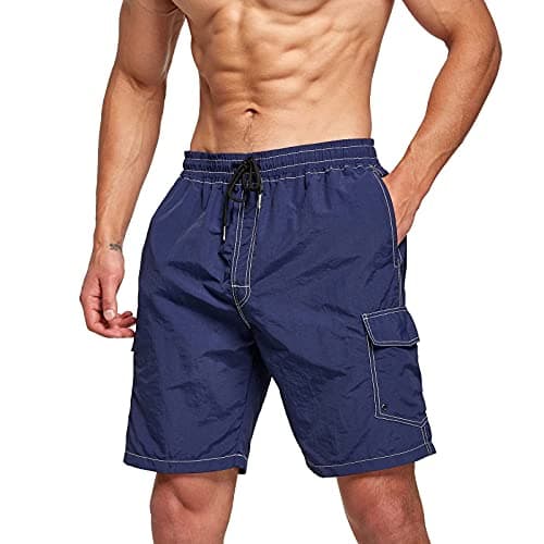 Image of JustSun Mens Swimming Shorts Quick Dry Swim Shorts Swimming Trunks Men Beach Shorts Waterproof Board Shorts with Pockets Surf Shorts Mesh Lining Dark Blue S