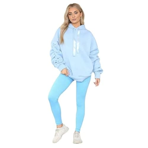 Image of HUBIBUBI Women's Ruched Sleeve Oversized Hoodie Ladies Ribbon Hoodie Jumper top Sizes 8-22 (UK, Numeric, 16, 18, Regular, Regular, Sky Blue)