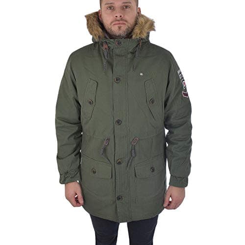 Image of Lambretta Sherpa Lined Fishtale Parka Coat Khaki with Sleeve Badges SS6252 (Large)