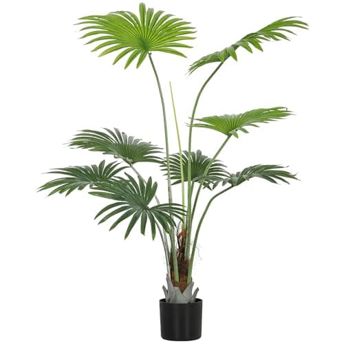 Image of HOMCOM 145cm Artificial Palm Tree, Decorative Artificial Plant with Lifelike PEVA Leaves and Coconut Coir, Fake Tree with Plastic Pot and Flocking for Home Office Decor, Green