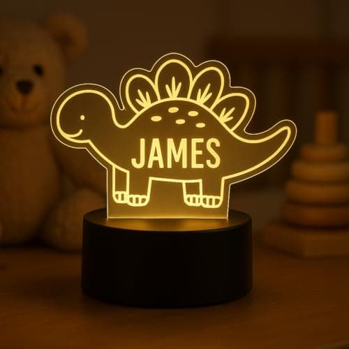 Image of Personalised Dinosaur Night Light with Name | Custom LED Dino Lamp for Kids | Nursery & Bedroom Decor | Choose Design Style & Base | Unique Baby Gift