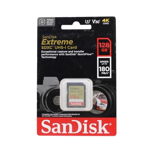 Image of SanDisk 128GB Extreme SDXC card, SD card up to 180MB/s, V30 Memory card, UHS-I, Class, 10, U3, V30, RescuePro Deluxe data recovery software.