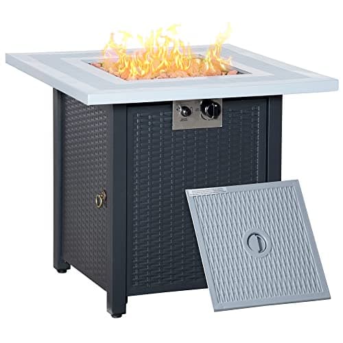 Image of Outsunny Square Propane Gas Fire Pit Table, 40000 BTU Rattan Smokeless Firepit Patio Heater with Lava Rocks and Lid, 71cm x 71cm x 62cm, Black