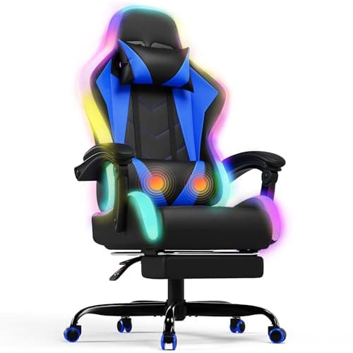 Image of Devoko LED Gaming Chair with Footrest – Ergonomic Reclining Game Chair for Adults with Massage Lumbar Cushion, RGB Lights, High Back, Adjustable PC Gamer Chair, Blue