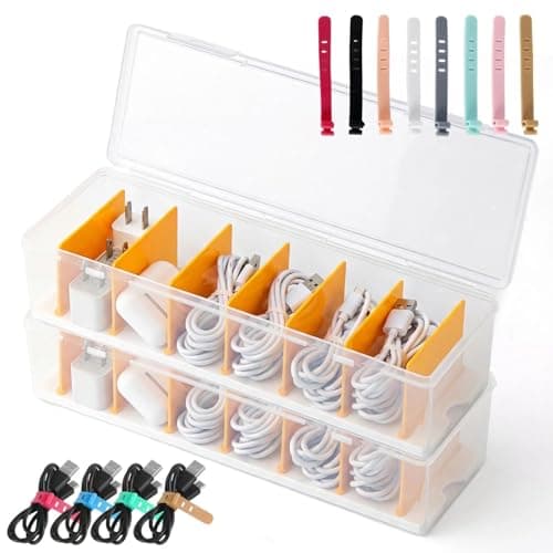 Image of Dexpally 2 Pcs Cable Management Box with Lid Cable Storage Box Data Cables Tidy Boxes with 7 Compartment & 16 Cable Ties Charging Cables Organiser for Office, Home (Transparent)