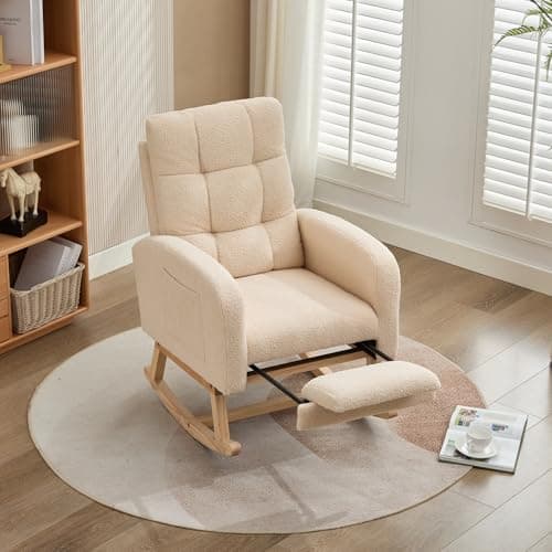 Image of ModernLuxe Rocking Chair with Adjustable Footrest for Living Room, Nursing Chair with Solid Wooden Legs, Comfortable Lounge Armchair with Side Pockets and High Backrest, Teddy Fabric, Beige