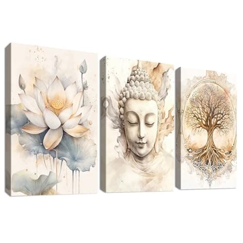 Image of 3 Pcs Wooden Framed Canvas Wall Art Canvas Prints Tree Of Life Buddha Painting Poster Zen Buddhism Beige Lotus Flower Pictures for Living Room Bedroom Bathroom Hallway Wall Decor 30x40 cm x3pcs