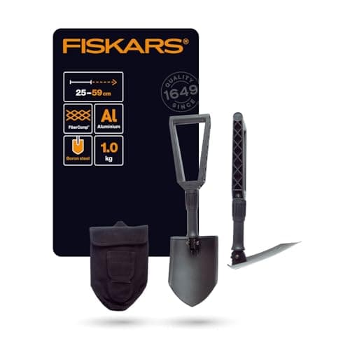 Image of Fiskars Folding Spade for Campers and Mountaineers, Can Also be used as Shovel and Pickaxe, With Canvas Bag, Length (Unfolded): 59 cm, Hardened Boron Steel, Black, 1000621