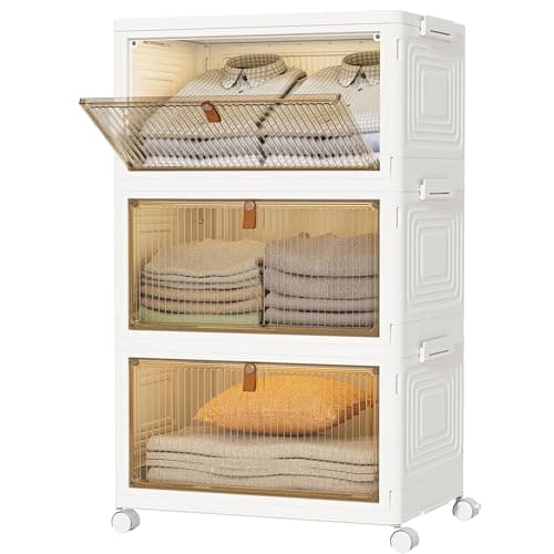 Image of HOMIDEC Wardrobe Storage Organiser,3 Tier Stackable Clothes Storage Boxes with Wheels,Folding Drawers for Clothes,Cupboard Organiser for Bedroom Wardrobe Bathroom Kitchen,White,33L*3 Pack