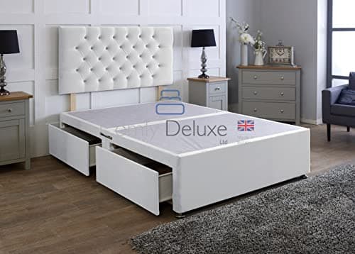 Image of Comfy Deluxe LTD Divan Bed Base - 4FT6 Double, White | Plush Velvet Bed Frame with 26 Inch Chesterfield Headboard | No Mattress Included | 4 Storage Drawers | UK Made