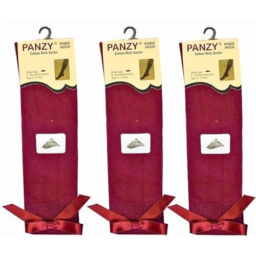 Image of Panzy® 3 pairs Girls Bow Knee High School Plain Long Length Cotton Stretch With all size & colour (Set of 3 pairs) (UK 4-6.5 (EU 36-39) fits 11+ yrs, Burgundy)