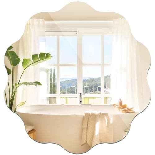 Image of TSKDKIT Wall Mirror 40 cm Stick On Mirror for Walls, Self Adhesive Frameless HD Glass Mirrors Wavy Mirrors for Bathroom, Hallway, Bedroom
