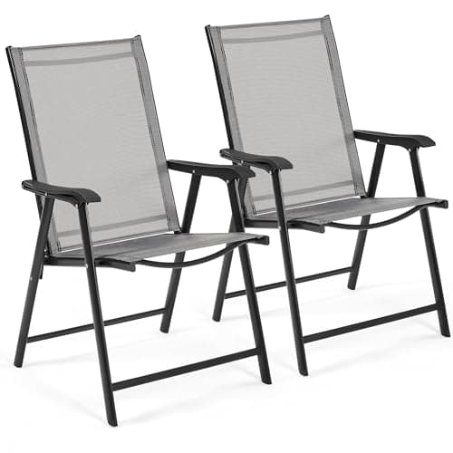 Image of Yaheetech Outdoor Folding Garden Chairs Set of 2 with High Back, Outdoor Patio Dining Chairs 2-Pack with Steel Frame for Garden, Lawn, Yard, Beach, Grey
