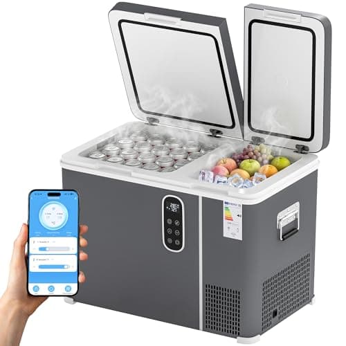 Image of Outsunny 45L Compressor Car Fridge Freezer, Dual Zone Camping Refrigerator with App Control, 12/24V DC and 100-240V AC, Portable Electric Cool Box with Foldable Handle, Truck, Campervan, RV, Boat