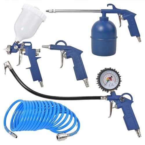 Image of Air Tool Kit 5PCs Compressor Air Tool Set with Spray Gun, Blow-Out Gun, 5M Spiral Air Hose, Paraffin Sprayer, Tyre Inflator with Pressure Gauge