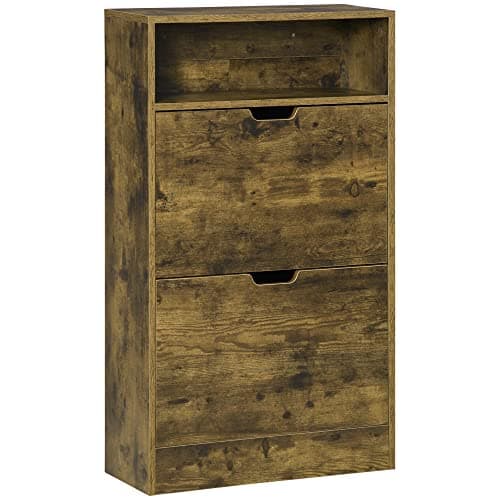 Image of HOMCOM Shoe Cabinet with 2 Flip Doors, Slim 2-Drawer Shoe Cupboard with Adjustable Divider and Open Compartment for 12 Pairs of Shoes, Entryway Storage Unit, Rustic Brown