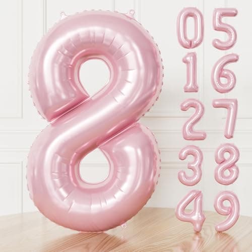 Image of Adeyoo Light Pink Number 8 Balloon - 40" Large Pastel Baby Pink Foil Digital 8 Balloons for Girls, Self Inflating Number Balloons 0-9 for Women Birthday Baby Shower Gender Reveal Party Decorations