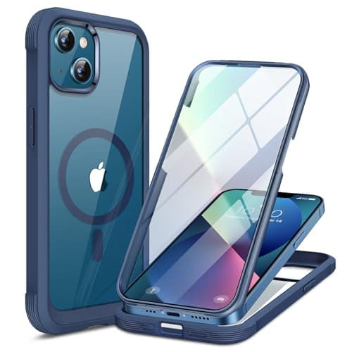 Image of Miracase Magnetic Case for iPhone 13 mini Case 5.4-Inch, [Built-in 9H Tempered Glass Screen Protector] Full Body Bumper Clear Back Cover Compatible with MagSafe (Dark Blue)