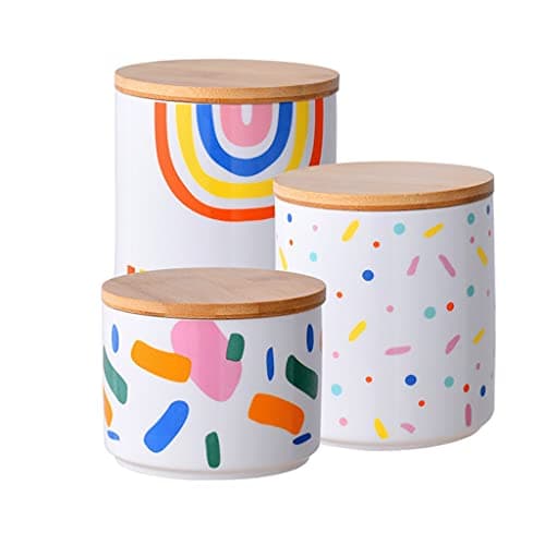 Image of Kitchen Canisters， Ceramics Storage Jar Rainbow Pattern with Airtight Wooden Lid Kitchen Canister for Loose Tea Coffee Spice Nuts Useful Container Set (Color : 3 Piece Sets B)