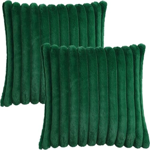 Image of Tennove Cushion Covers 45x45cm Soft Faux Fur Plush Cushion Pillowcase Decorative Striped Fluffy Throw Pillow Covers Pack of 2 for Home Sofa Bedroom Decor, Green
