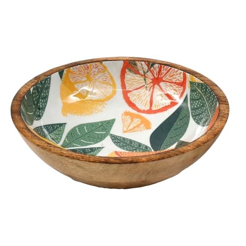 Image of White Citrus Zest Wooden Enamel Bowl | Mango Wood Salad Fruit Bowl | Decorative Serving Dish - 25cm