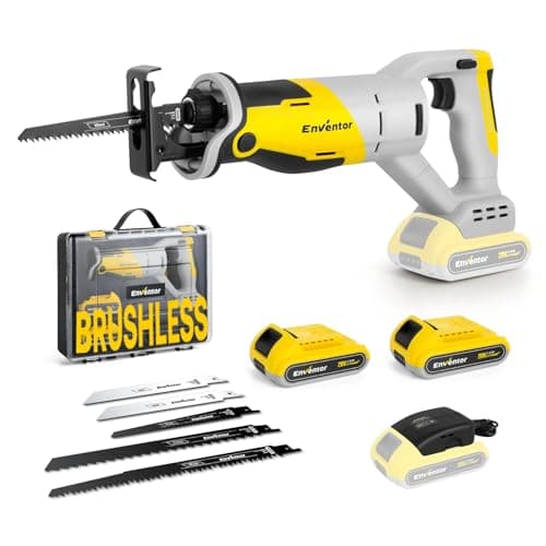 Image of Enventor 20V Brushless Cordless Reciprocating Saw, 2x2.0Ah Battery, 0-3000RPM Variable Speed Electric Saw, 5 Blades, 22mm Stroke Length, Ideal for Wood and Metal Cutting
