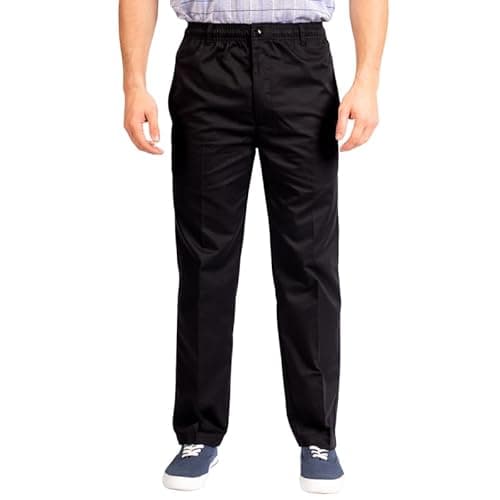 Image of Mens Rugby Trousers Elasticated & Adjustable Waist Pant – Smart Workwear Bottom with Drawstring, Button and Zip Fly- Relaxed Fit, Straight Leg Casual & Formal Trouser – (Black 42W/29L)
