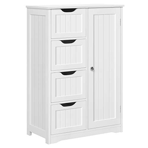 Image of Yaheetech Bathroom Floor Cabinet Cupboard Free Standing Wooden Cabinet Storage Unit with 4 Drawers & 1 Door, Adjustable Shelf, White