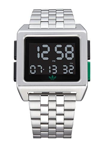 Image of Adidas Watches Archive_M1. Men’s 70’s Style Stainless Steel Digital Watch with 5 Link Bracelet (Silver/Black/Green. 36 mm).