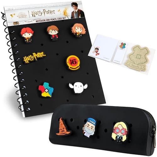 Image of Harry Potter Customisable A5 Notebook and Zipped Pencil Case Stationery Set with Chibi Character Pins Sticky Notes Hogwarts School Supplies, Gifts for Kids
