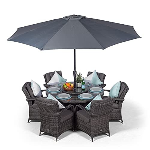 Image of Giardino Arizona Rattan Garden Dining Set 6 Seater Outdoor Table & Chairs Wicker Patio Furniture with Parasol & Cover, Aluminium Frame, 135cm, Round, Grey
