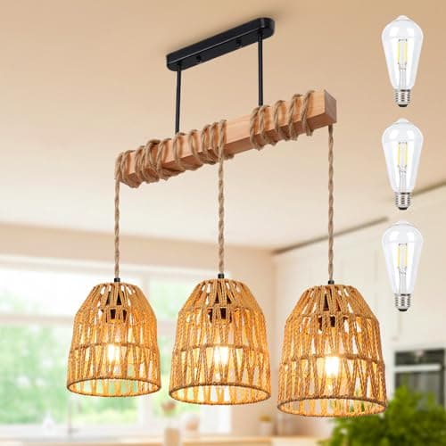Image of SERBASIC Rattan Pendant Light Kitchen Island Chandelier Height Adjustable Boho Lamp E27 Basket Lamp for Dining Room Living Room Bedroom Hallway Kitchen
