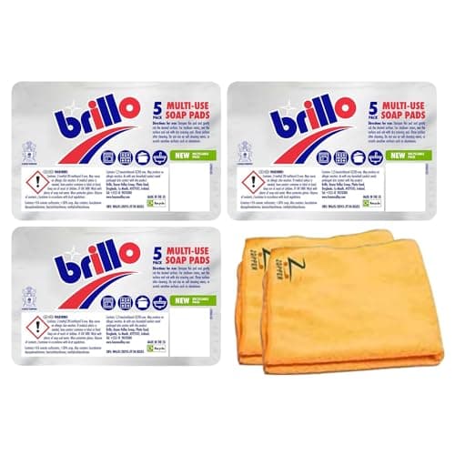 Image of Brillo Multi-Use Soap Pads For Household Cleaning Kitchen Steel Wool Filled Cleaning Pots, Pans, Cookers - Multi- Use Soap Pad (5 x 3)15 Brilo Soap Pad With ZOPPER 2 x Microfiber Cloth