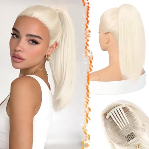Image of BARSDAR Platinum Blonde Straight Ponytail Extension, 16 Inch Short Straight Drawstring Ponytail Extension Natural Soft Synthetic Cheer Posh Pony Tails Hairpieces Daily Party Cheer Competition