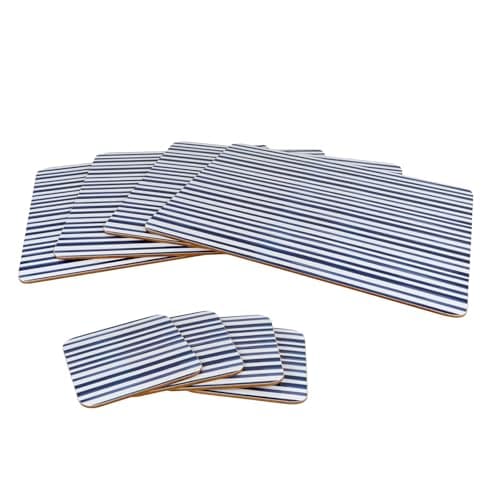 Image of Jeff Banks Placemats and Coasters Set | 8-piece Blue and White Stripe Nautical Cork Backed Table Place Mats and Coasters