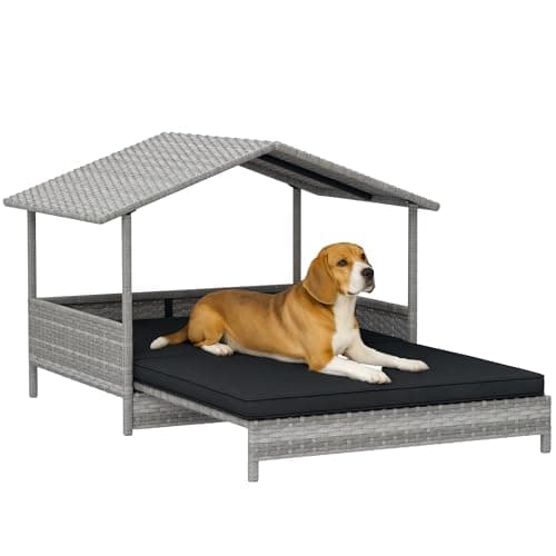 Image of PawHut Rattan Dog House, Extendable Outdoor Wicker Dog Bed w/Water-Resistant Roof, Removable Cushion, for Small and Medium Dogs - Charcoal Grey