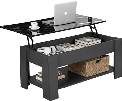 Image of Blisswood Coffee Table With Storage, Lift Up Coffee Tables for Living Room, Wooden Coffee Table With 1 Shelf Large Hidden Storage Modern Rectangular Sofa End Lift-Top Tea Table Grey + Black Marble