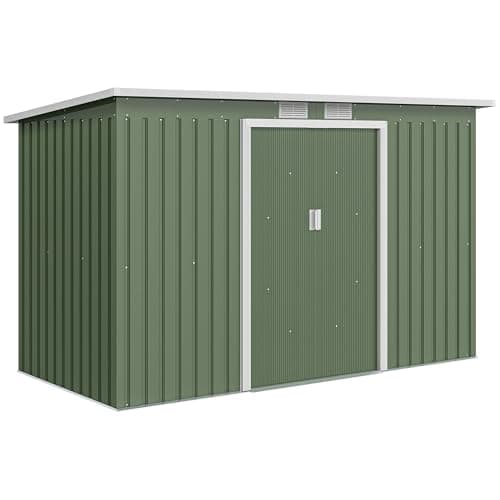 Image of Outsunny 9ft x 4ft Metal Garden Shed, Waterproof Outdoor Bike Storage Shed Galvanised with Foundation Kit, Vents, Apex Roof and Lockable Double Doors for Patio Yard, Light Green