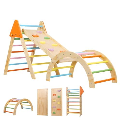 Image of Panana Baby Toddler Climbing Frame, Foldable Wooden Toddler Climbing Indoor,Montessori Climber Indoor Set with Arch, Ramp, Ladder (Rainbow in 191cm Length)