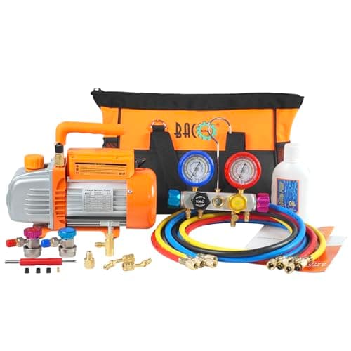 Image of BACOENG 3CFM AC Vacuum Pump and Manifold Gauge Set, 4 Way Manifold Gauge Kit Vacuum Pump for Mini Split/HVAC/AUTO with Heavy Tool Bag Diagnostic R134a R410a R407c