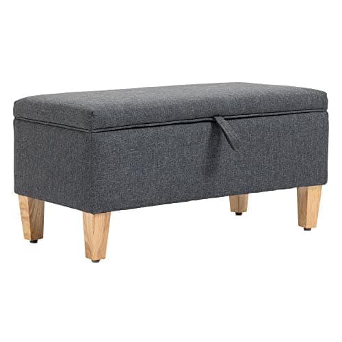 Image of HOMCOM 30L Linen Storage Ottoman Padded Footstool with Rubberwood Legs for Storage Box, Bed End, Shoe Bench, Seating, Dark Grey