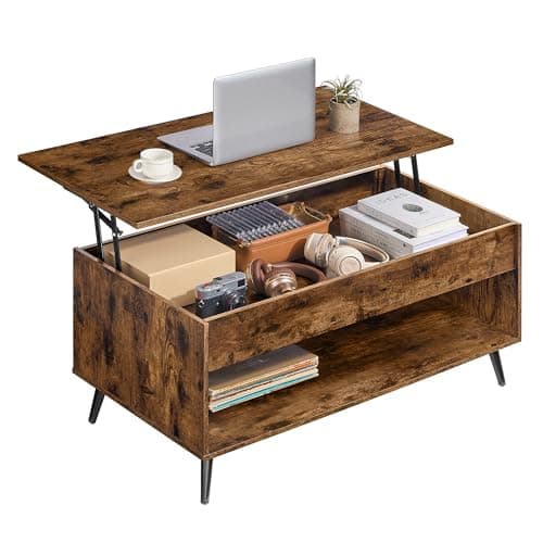 Image of VASAGLE Lift Top Coffee Table, Lift Tabletop Dining Table, Gas Spring, Hidden Compartment, Open Storage Shelf, for Living Room, Home Office, Rustic Brown and Matte Black LCT267KD01