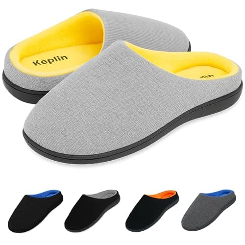 Image of KEPLIN Men’s Memory Foam Slippers – Comfortable Indoor House Shoes for Men with Plush Cushioning, Anti-Slip Rubber Soles, Lightweight Design, Grey/Neon, UK Size 9 / EU Size 43