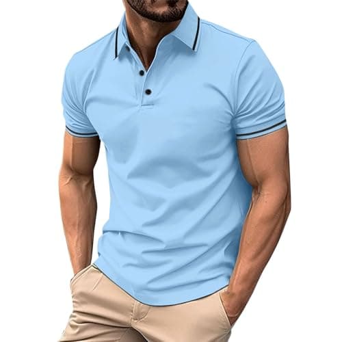 Image of DGZTWLL Mens Short Sleeve Pique Polo Shirt - Casual Slim Fit Contrast Collar Top, Soft Breathable Fabric for Summer & Daily Wear Blue XL