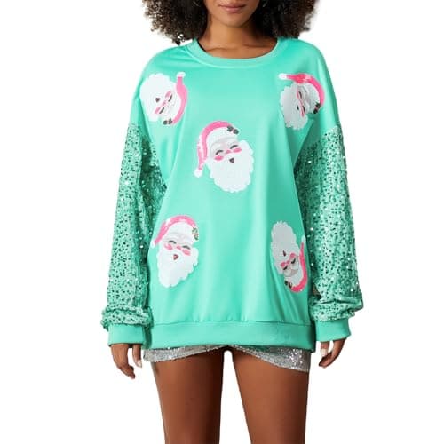 Image of Yoisdtxc Christmas Sequins Sweatshirts Women Glitter Patch Crewneck Pullover Tops Sparkly Nutcracker Santa Long Sleeve Merry Christmas Sweaters (D Light Green, M)