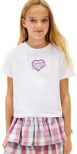 Image of Tommy Hilfiger Girl's Tommy Heart Embro TEE SS KG0KG09280 S/S T-Shirt, White (White), 12 Years