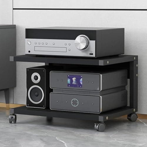 Image of 2Tier Rolling AV Rack Stand for TV & Game Consoles Mobile Entertainment Shelf for DVD/CD/Record Player/PS5/Projector Black (50x40x35cm)