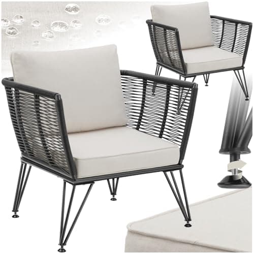 Image of tectake® Set of 2 Garden Chairs in Rope Design, Outdoor Lounge Chair Set with Weather-Resistant Polyrattan, Robust Steel Frames & Water-Repellent Cushions, Ideal Patio, Balcony & Garden Furniture Set
